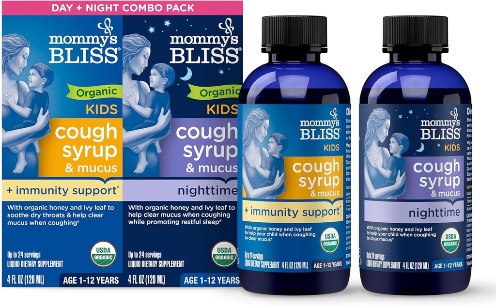 Disney's Bliss Organic Cough Syrup & Mucus for Kids, Day and Night Combo Pack עם ויטמין C ו- Immunity Support, מכיל דבש אורגני ו-Ivy Leaf, 4 Fl Oz (Pack of 2)