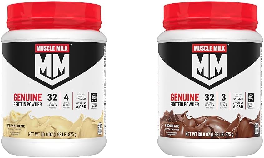 אבקת חלבונים שריר Genuine אבקת בנדל, בננה Crème 1.93 פאונד 12 לשרת 32g חלבון ושוקולד 1.3 פאונד 12 לשרת 32g חלבון