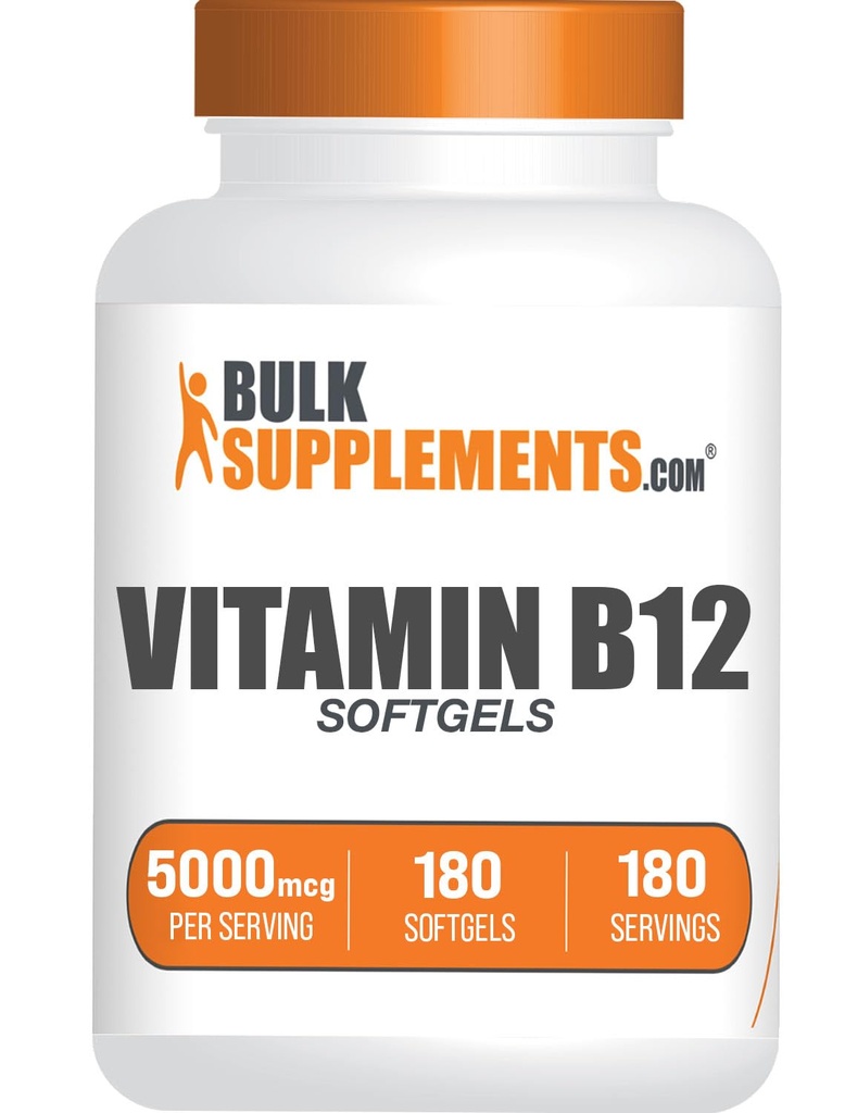 BulkSupplements.com ויטמין B12 5000 mcg Softgels - Cyanocobalamin, ויטמין B Supplements, B12 ויטמין Pills - Gluten Free, 1 ויטמין B12 Softgel לכל משרת, 180 ימים אספקה, 180 Softgels