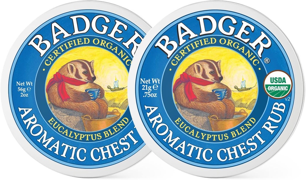 Badger - Aromatic Chest Rub, Eucalyptus & Mint, אורגני מוסמך, Soothing Vapor Rub with Eucalyptus Essential Oils, Baby Chest Rub, Vapor Rub Ointment, 0.75 oz - 2Pack
