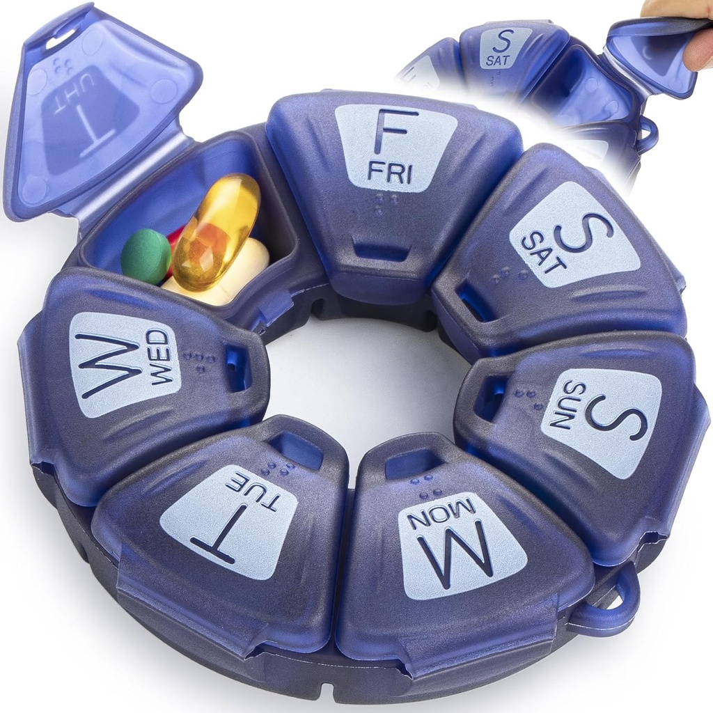 מארגנת גלולות שבועיות עגולות, TPU גומיized, Travel Container 7 יום, עם 7 השוואות גדולות, גדול עבור ויטמינים יומי ותוספים, תיק גלולה יפה עם אותיות גדולות וברילי (כחול)
