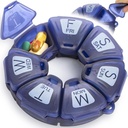 מארגנת גלולות שבועיות עגולות, TPU גומיized, Travel Container 7 יום, עם 7 השוואות גדולות, גדול עבור ויטמינים יומי ותוספים, תיק גלולה יפה עם אותיות גדולות וברילי (כחול)
