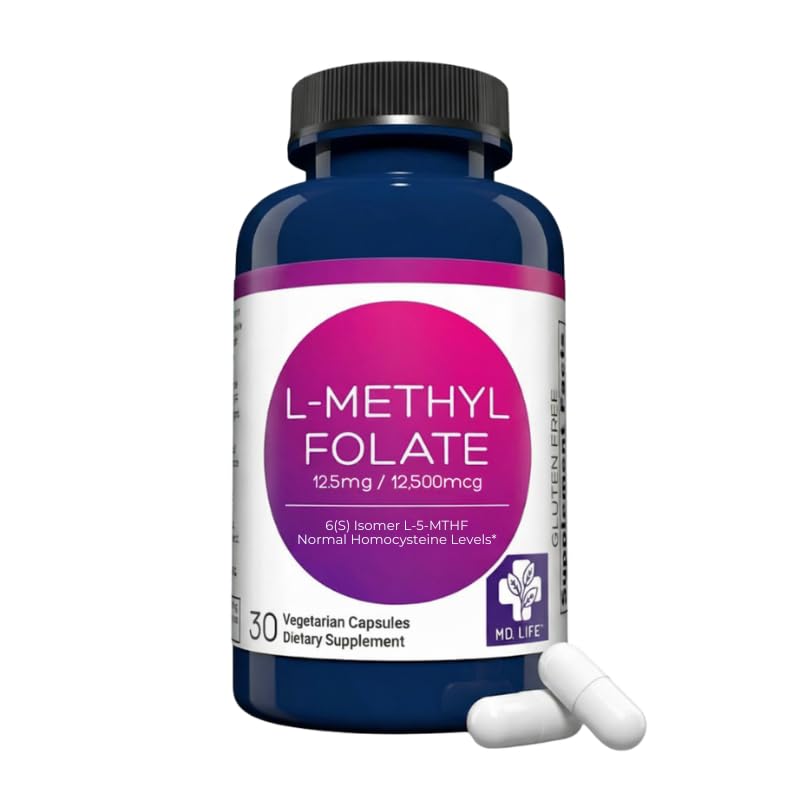 MD Life L-Methylfolate 12.5 mg Supplement - Professional-Grade Active LMethylfolate Supplement - 30 Capsules - L-Methylfolate 12.5mg - Maximum Potency MTHFR W/Essential Amino Acids