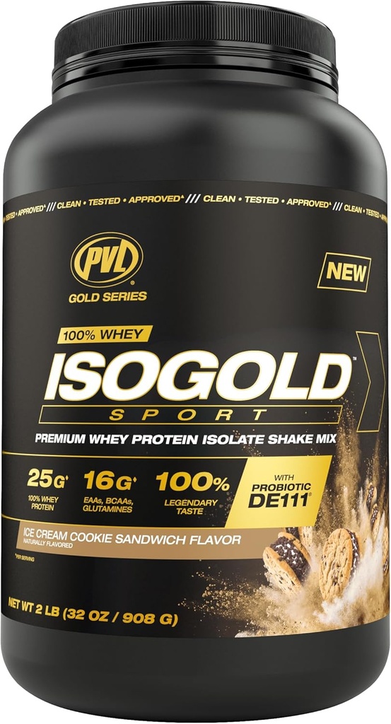 PVL Gold Series - 100% Whey ISOGOLD Sport - Premium Whey Protein Isolate Shake Mix - 2 LB - Ice Cream Cookies
