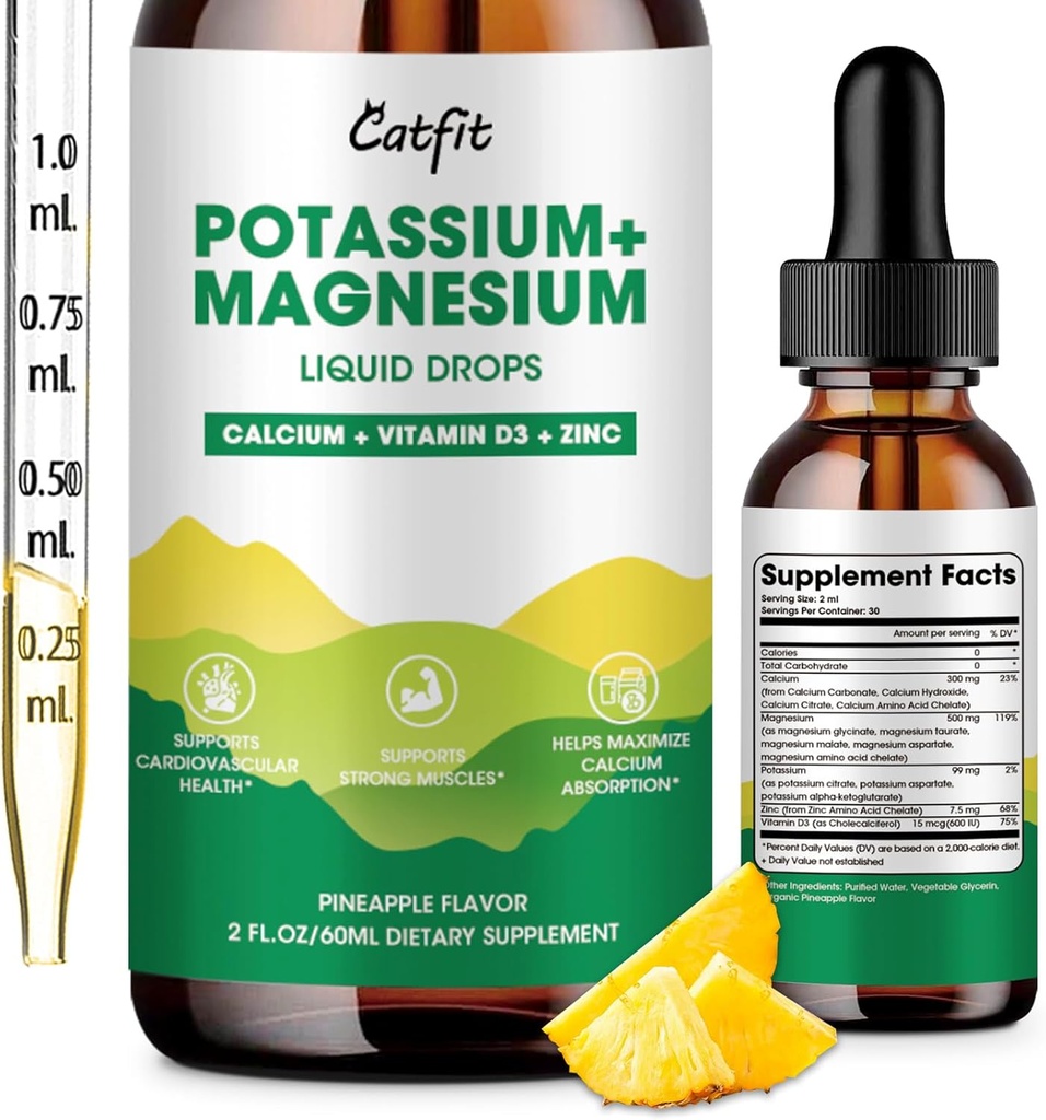 Potassium Magnesium Glycinate תוסף - High Absorption Magnesium Complex Drop with Calcium, Potassium, ויטמין D3 & Zinc for Sleep,Leg Cramps, השרירים & האנרגיה, סוכר חינם & Vegan 2 Fl Oz Oz
