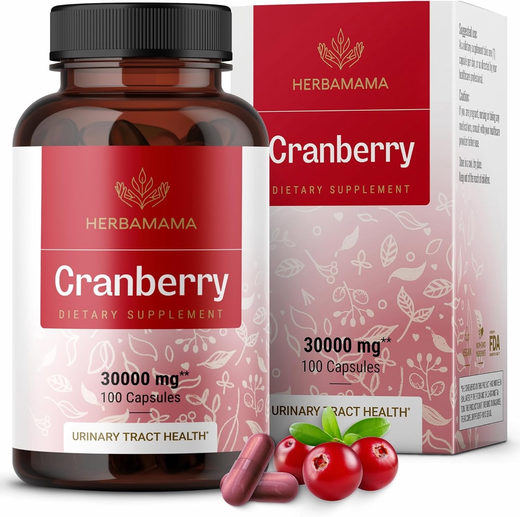 HerBAMAMA Cranberry לחלץ קפסולות - 30,000 מ"ג אבקת Cranberry לתמיכה Urinary Tract - טבעוני, non-GMO Bladder תמיכה תוסף, 100 Caps