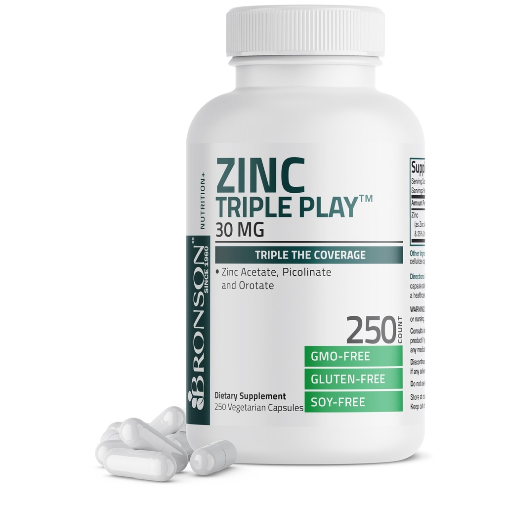 Bronson Zinc Triple Play 30 מ"ג תמיכה ב- Zinc Acetate, Picolinate & Orotate - Immune, Antioxidant & Skin Health Support - 250 קפסולות צמחוניות