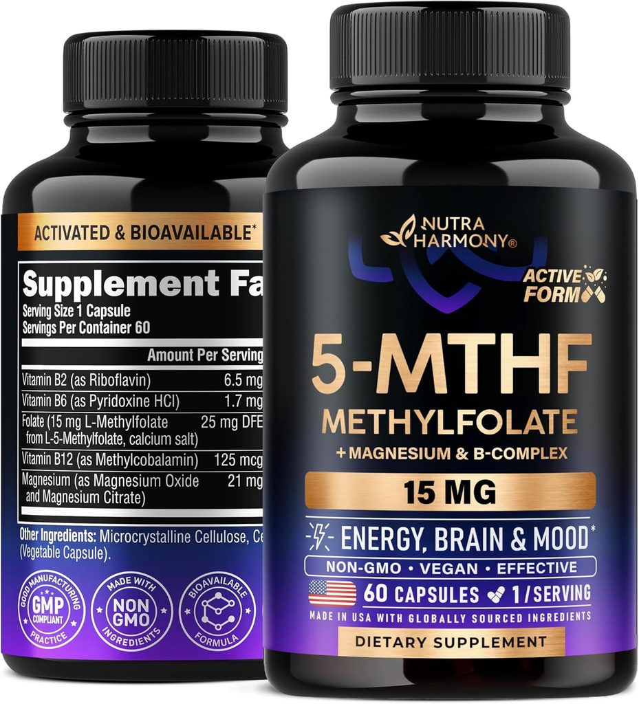 NUTRAHARMONY L Methylfolate 15 מ"ג - 5-MTHF Methylfolate תוספת פלוס Methyl B12, ויטמינים B2 & B6, Magnesium - מיוצר בארה"ב, 60 קפסולות עבור 2 חודשים