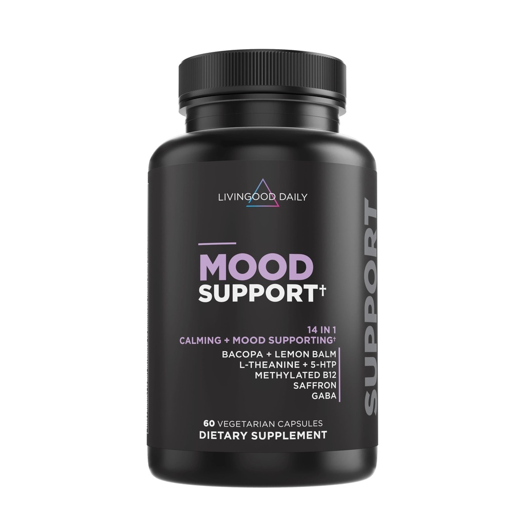 Livingood Daily Mood Support Supplement for Women & Men, 14-in-1 פורמולה עם L Theanine, Lemon Balm, GABA, Saffron, 5HTP & B12, תומך להתמקד & רגשית, Gluten Free, טבעוני 60 קפסולות.