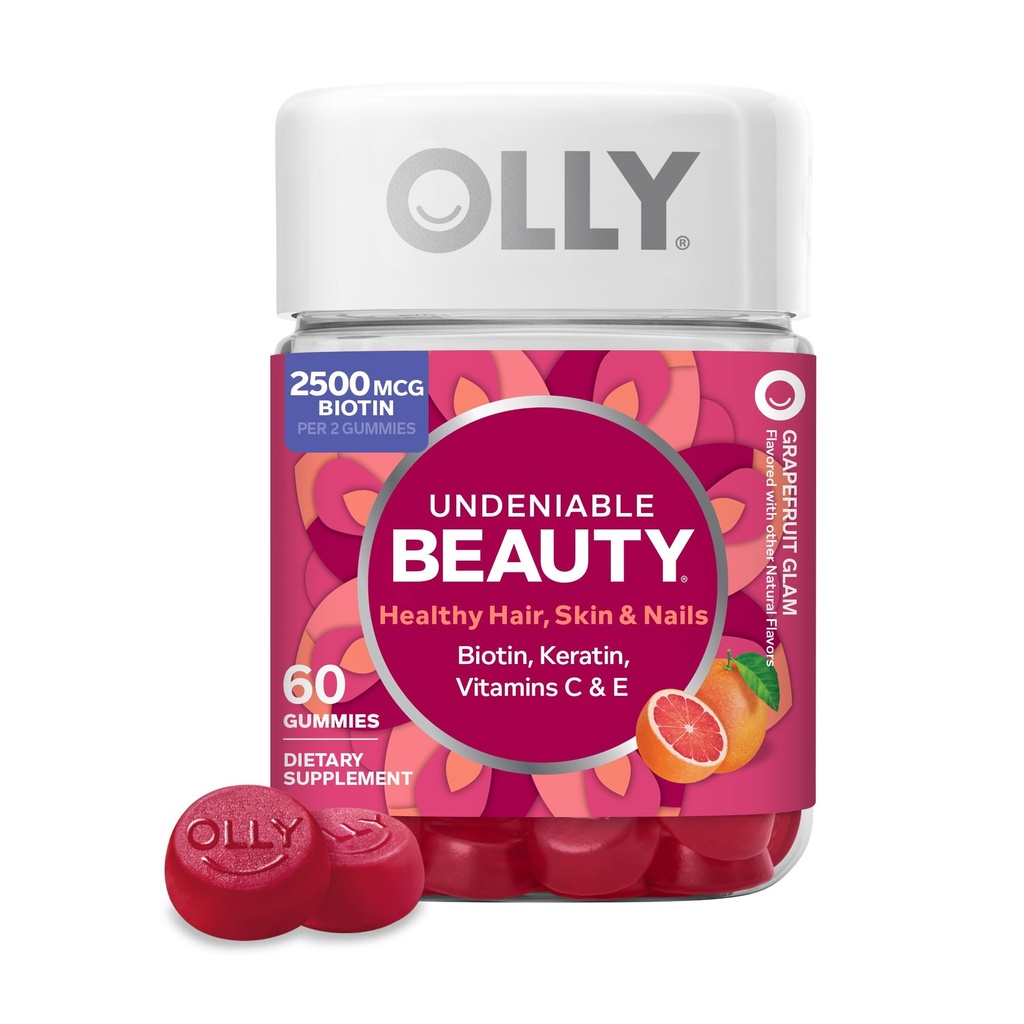 OLLY Undeniable Beauty Gummy, For Hair, Skin, Nails, Biotin, ויטמין C, Keratin, Chewable Supplement, Grapeפרי, 30 יום אספקה - 60 הרוזן