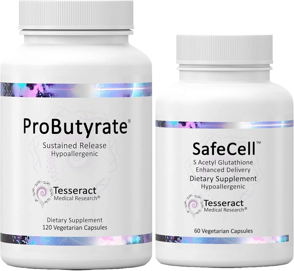 Tesseract Pro Butyrate Gut Health & SafeCell S-Acetyl Glutathione neuro Support Bundle - 600mg + 300 מ"ג, 120 + 60 כמוסות, Antioxidant & Gutbiome Balance
