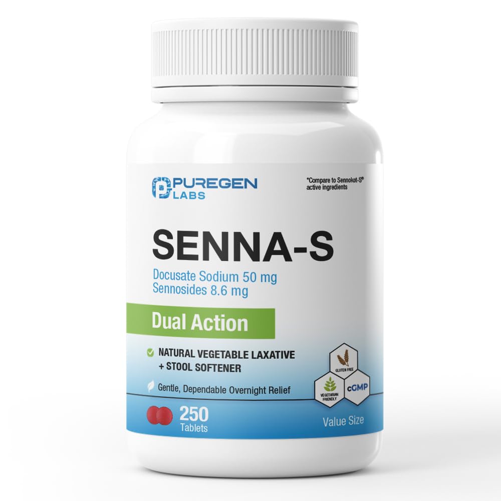 Puregen Labs Senna-S Natural ירקות Laxative Plus Stoolener פעולה כפולה - 250 טבליות Senna Plus | Gentleתלוי Overnight Relief of Occasional Constipation