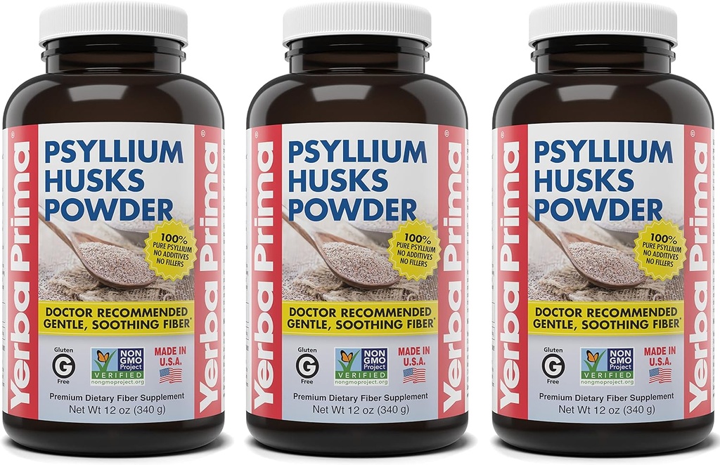 Yerba Prima Psyllium Husks אבקת - 12 oz (Pack של 3) - תוסף סיבים טבעיים - קירור נקי - טבעוני, non-GMO, Gluten-Free (New Label - Packaging May Vary)