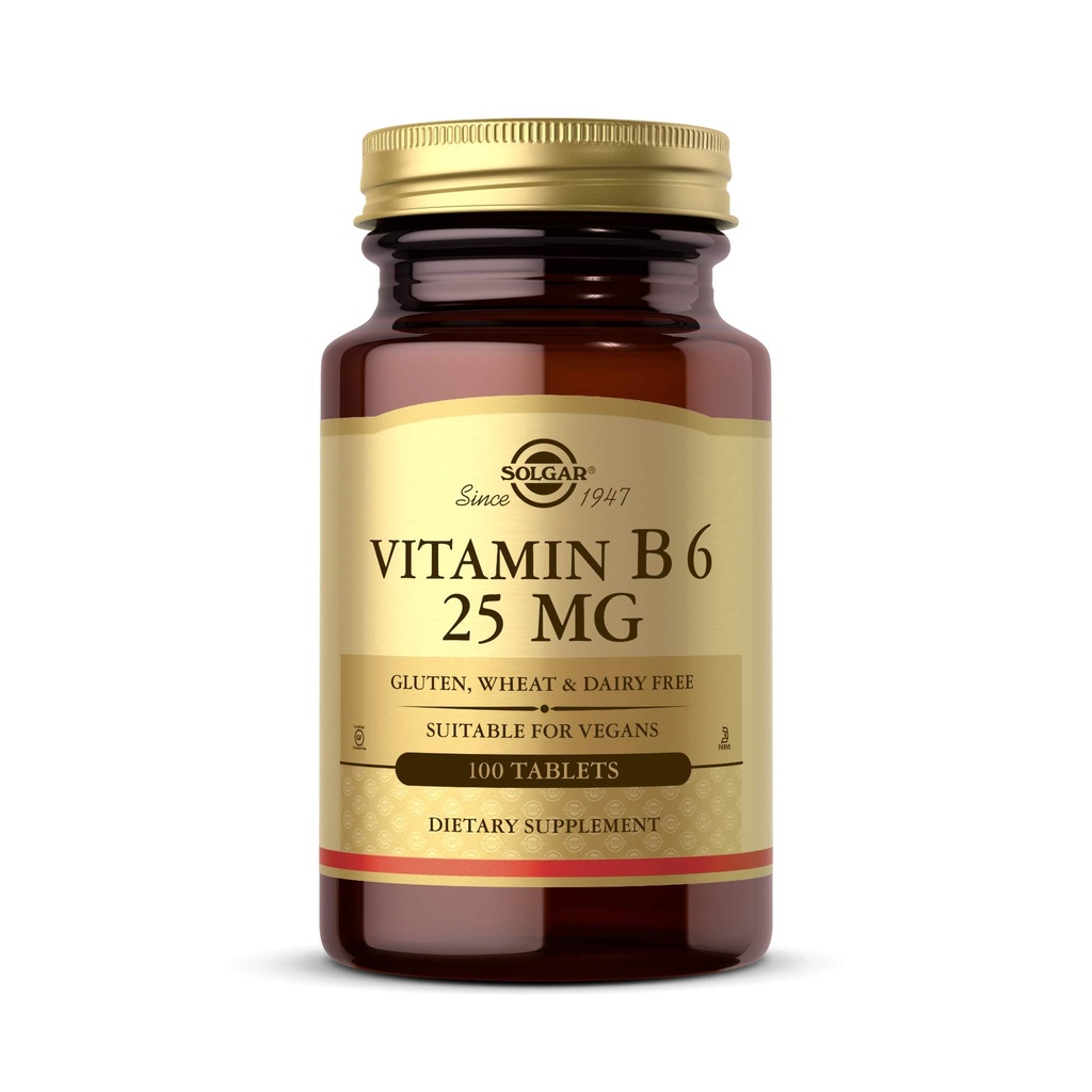 Solgar ויטמין B6 25 מ"ג, 100 טבליות - תמיכה אנרגיה metabolism, Heart Health & בריאות מערכת העצבים - B Complex תוסף - טבעוני, Gluten חינם, חלב, כשר - 100 משרתים