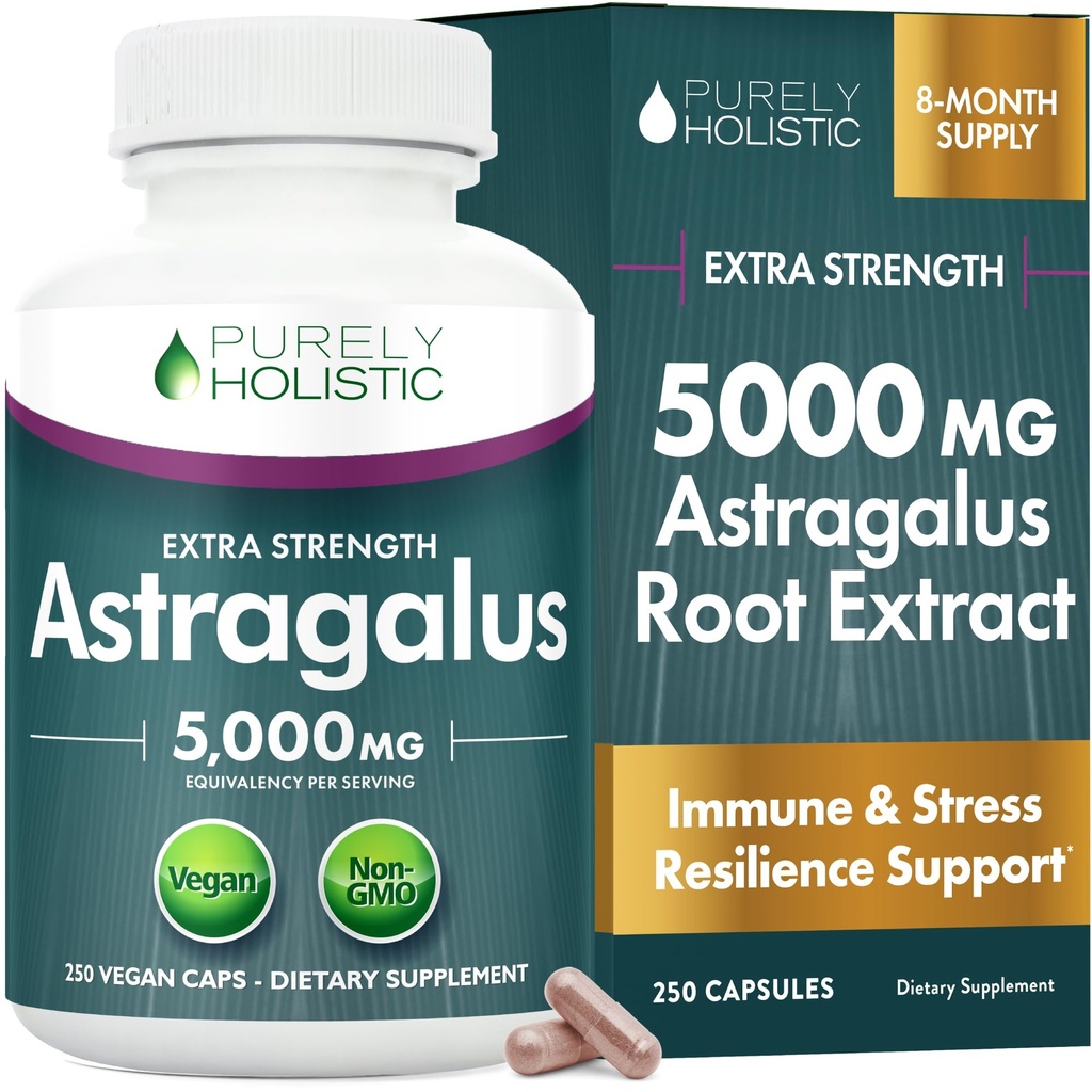 Astragalus קפסולות 5000 מ"ג - 250 קפסולות, 8 + חודש אספקה - גדול עוצמה Astragalus שורש לחלץ 20:1 - non GMO, Vegetarian & Vegan - תומך במערכת החיסון & Cardiovascular