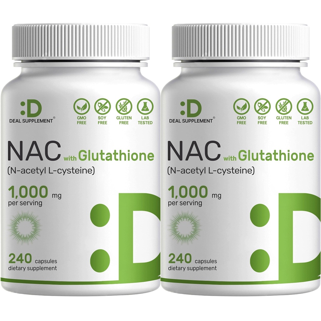 2 Pack NAC תוסף (N-Acetyl Cysteine) 1000 מ"ג לשרת עם Glutathione מופחת, 480 קפסולות