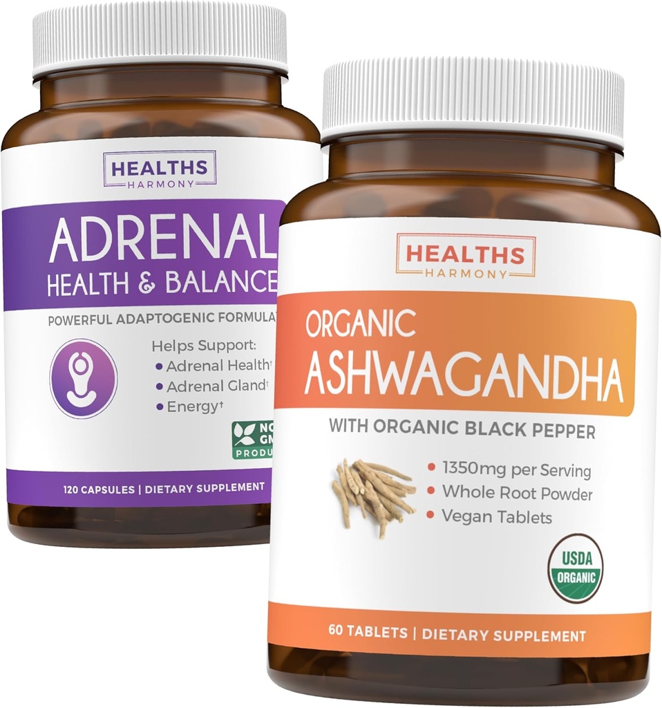 Adrenal & Ashwagandha (1-Month אספקה) Calm & Energyze Bundle - תמיכה Adrenal עם L-Tyrosine (120 קפסולות) ו USDA אורגני אשוגנדה 1350 מ"ג אשוגנדה שורש אבקה לשרת (60 קפסולות)