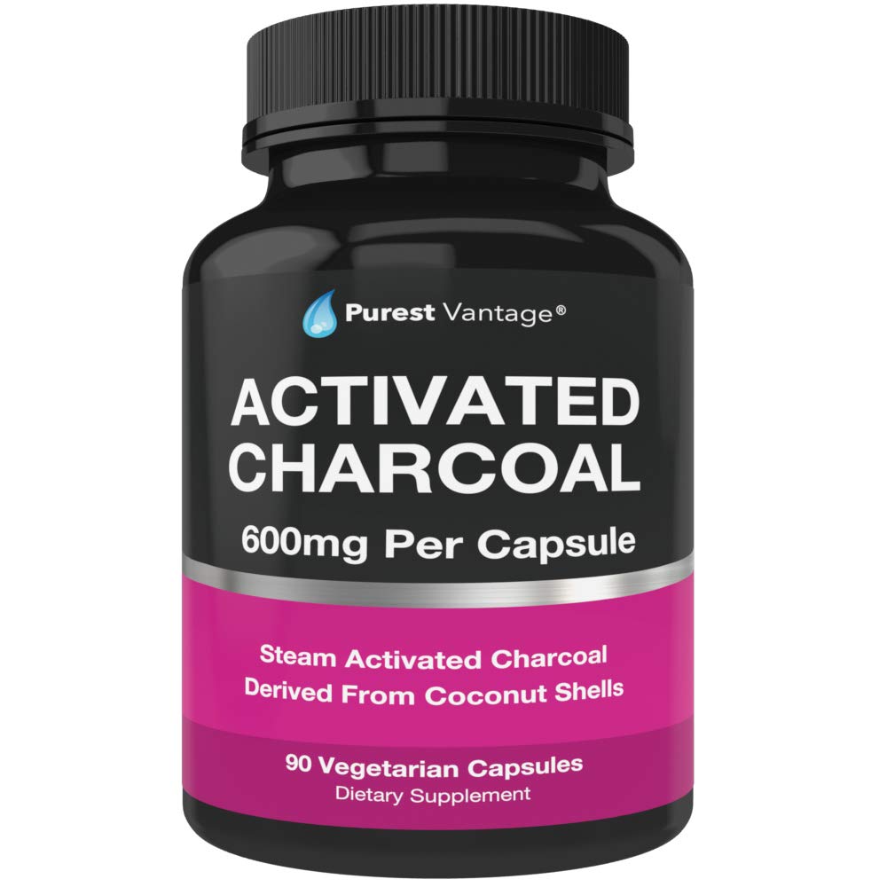 Pure אורגני מופעל קפסולות Charcoal - 600mg לכל קפסולה, 90 קפסולות צמחוניות
