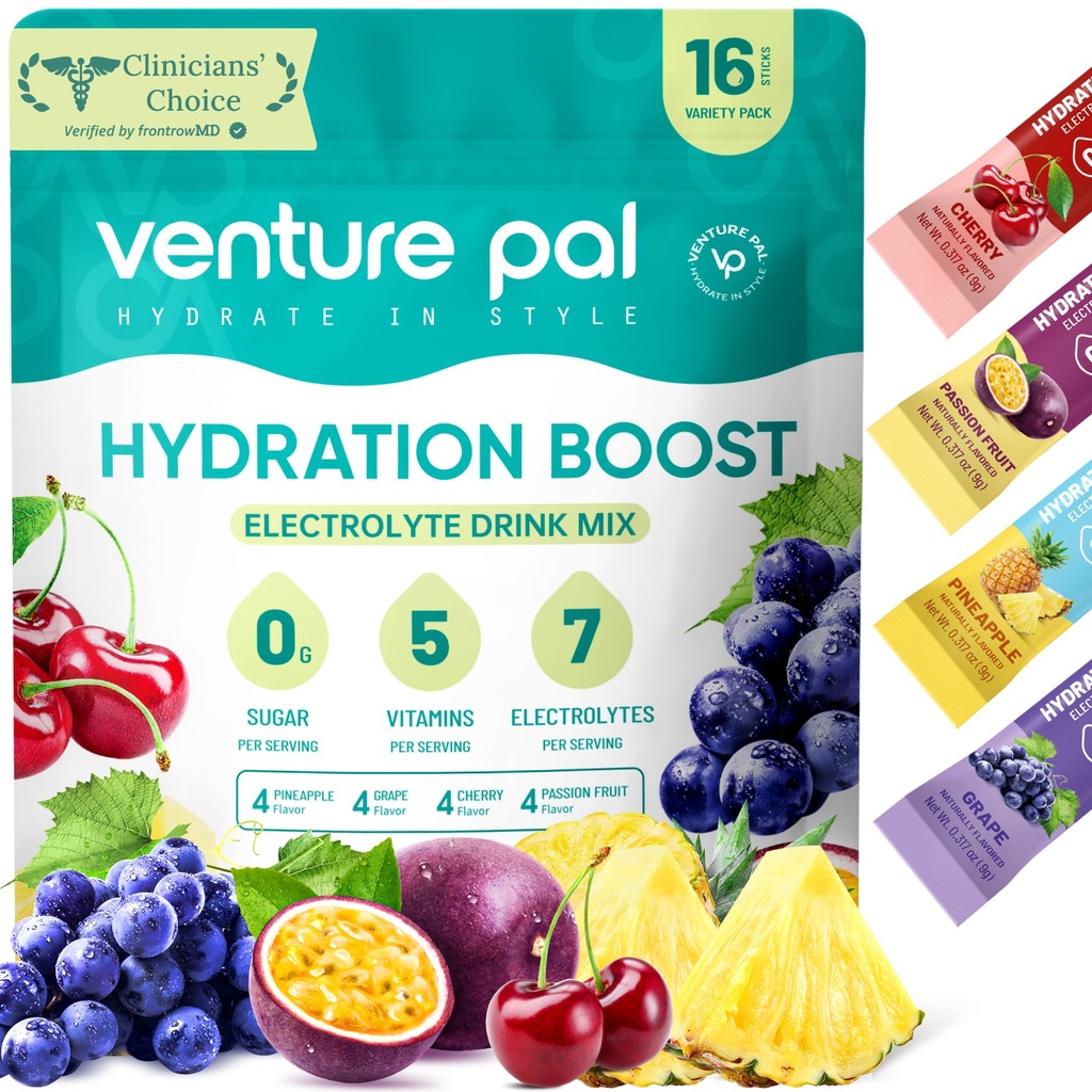 Venture Pal Sugar Free Electrolyte אבקת Packets - נוזל יומי הרביעי לשתות לערבב עבור הידרה מהירה & Party Recovery | 5 ויטמינים ו 7 אלקטרוליטים