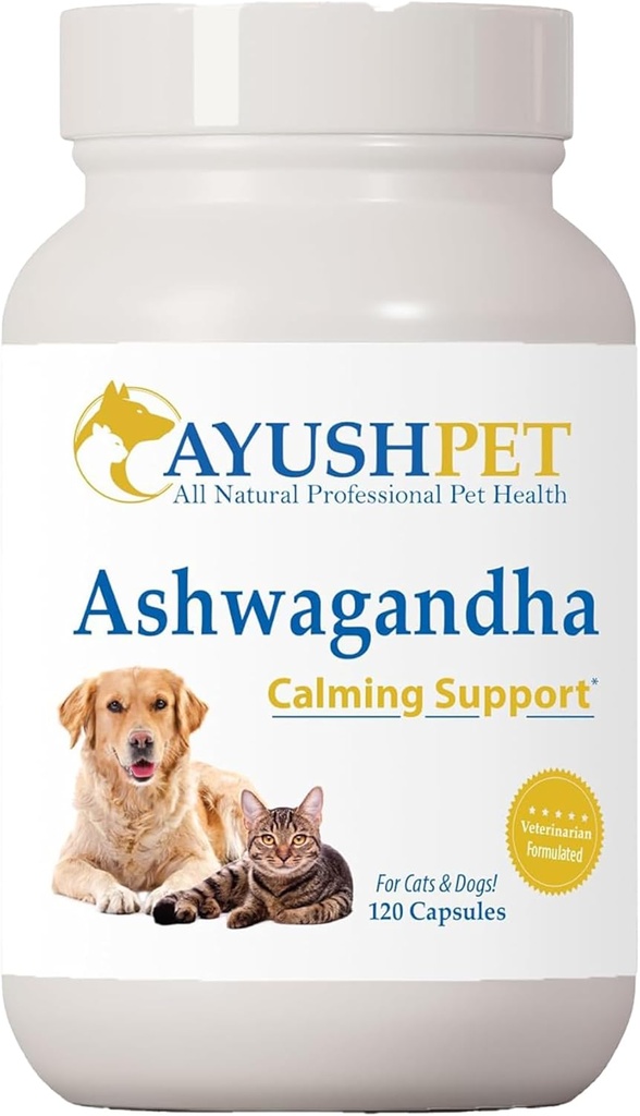 Ayush Pet Ashwagandha קפסולות עבור כלבים וחתולים - אורגני Ashwagandha Root Extract for Calm ו-Daily Balance, Fitogenic בריאות עבור חיות מחמד, 500mg Per קפסולה - 120 הרוזן