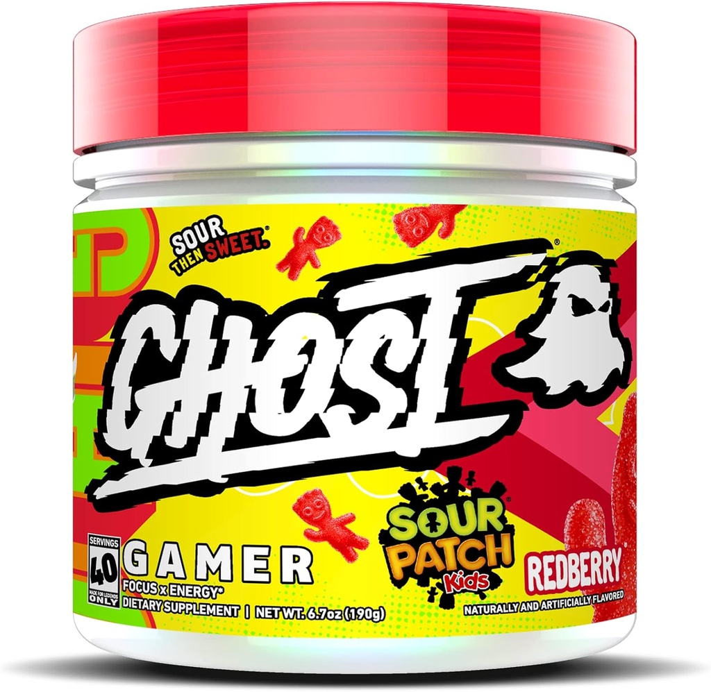 Ghost Gamer: Energy and Focus Support Formula - 40 משרתים, Sour Patch Kids Redberry - Nootropics & Natural Caffeine for Attention, Accuracy & Reaction Time - טבעוני, Gluten-FreeFree
