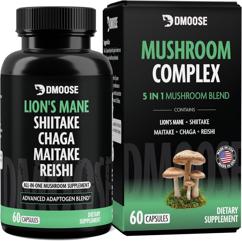 Lions Mane Mushroom Complex - 5300 מ"ג הסתגלות לזיכרון, פוקוס ו- Immune Support - 5 ב 1 Lionsmane, Chaga, Maitake, Shiitake ו Reishi Extract, Nootropic Mushroom קפסולות