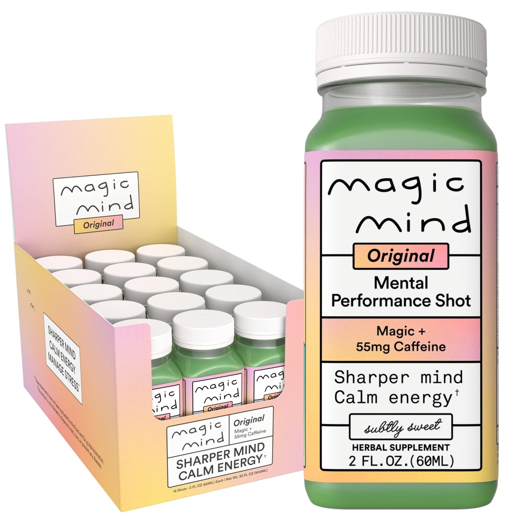 Magic Mind Energy and Focus Drinks - Stress Relieving, No Jitters, Ashwagandha, ויטמין B12, ויטמין C, Matcha Green Tea, Functional Mushrooms - 2 FL Oz (15 Pack)