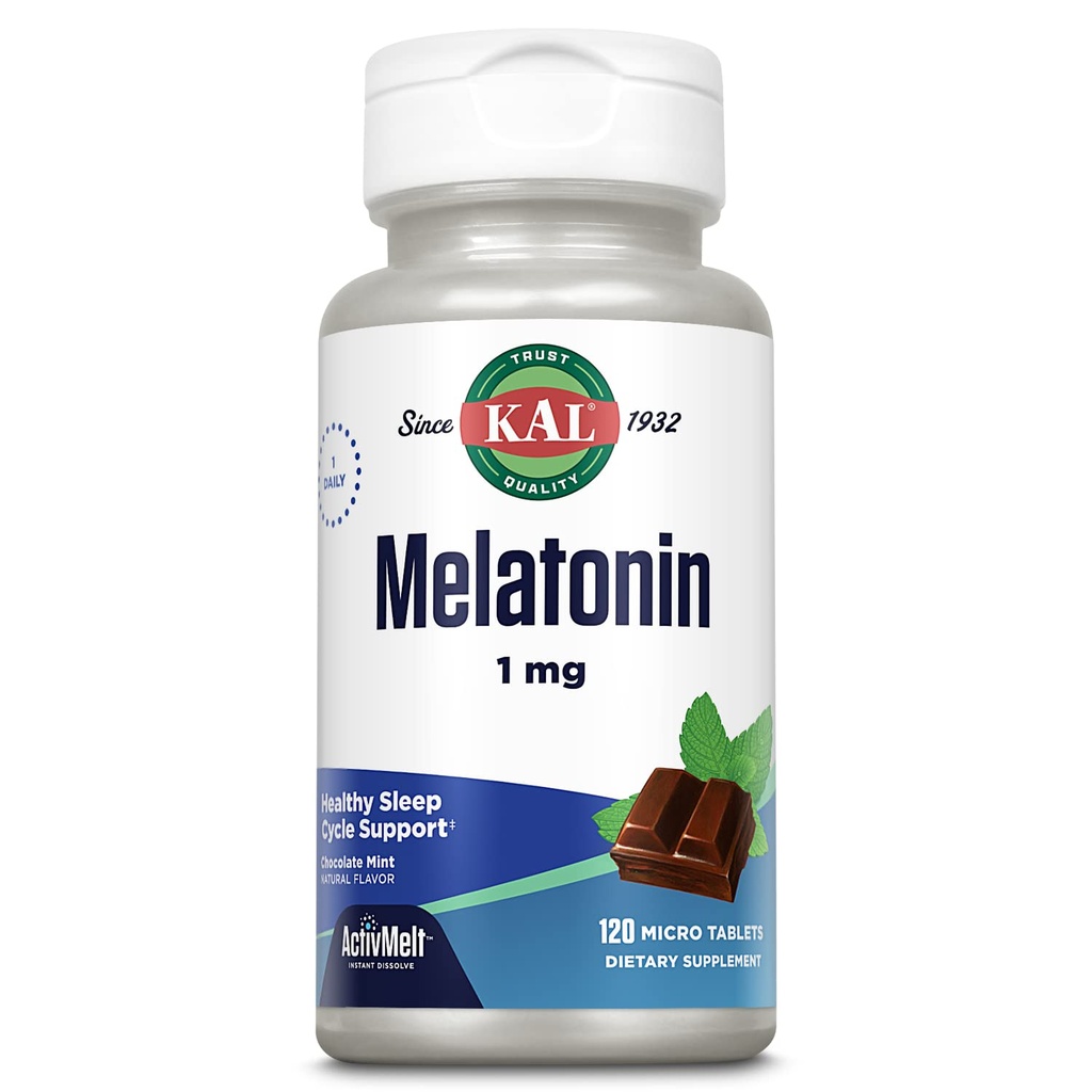 KAL Melatonin 1 מ"ג Sleep Aid, תוסף מלטונין תומך להרגעה מרגיעה ומחזור שינה בריא, Fast Disting ActivMelts, שוקולד טבעי Mint Flavor, Vegetarian, 120 משרת, 120 Micro Tabs