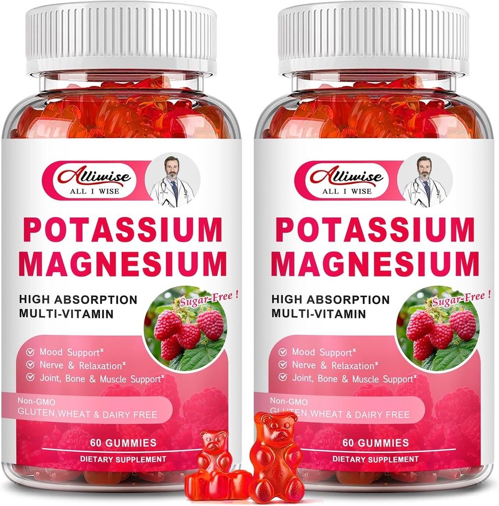 2 Pack Potassium Magnesium תוסף חניכיים - Potassium Citrate & Magnesium Glycinate for Leg Cramps & שריר, Mood & מרגיעה, תמיכה באנרגיה עם ויטמין B6, D3, C Raspberry Flavor