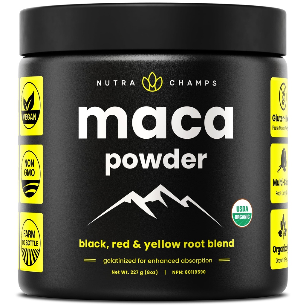 אבקת Maca אורגנית - פרואני Grown Maca בלגן עם שורשים צהובים, שחור ואדום - גלטין עבור זמינות ביולוגית גבוהה - טבעי, טבעוני ולא GMO, 8oz