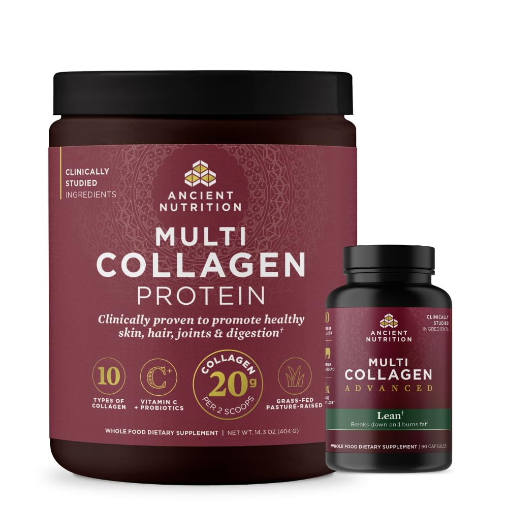 תזונה עתיקה Multi Collagen Advanced Lean כמוסות, 90 Count + Multi Collagen חלבון אבקת, Unflavored, 40 משרתים