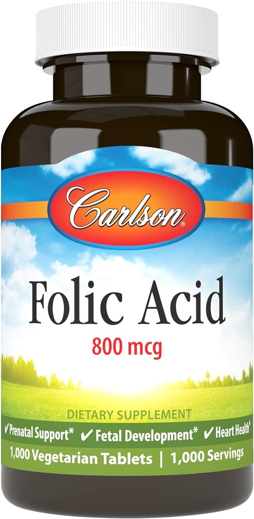 קרלסון - Folic Acid, 800 mcg, מספק תמיכה טרום לידתי חשובה, 1000 טבליות
