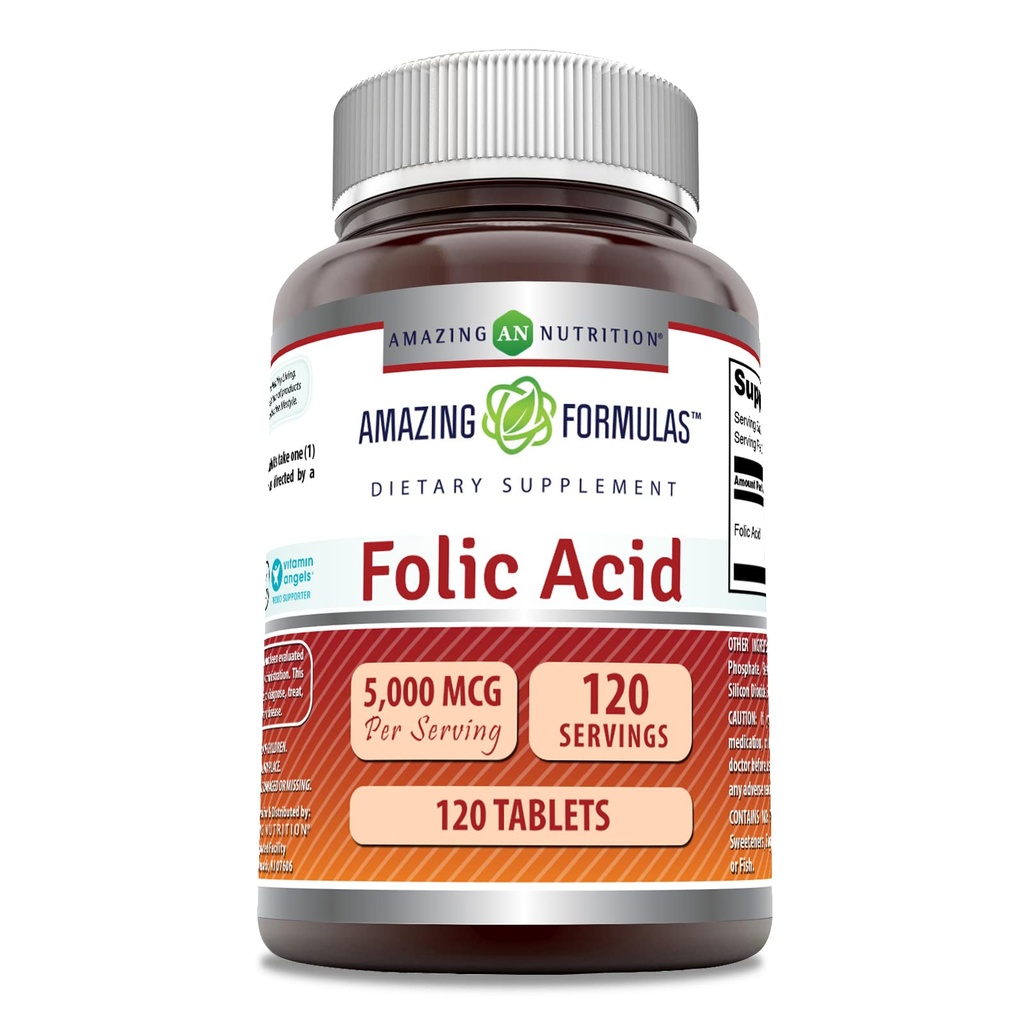 פורמולה מדהימה Folic Acid (Vitamin B9) תוסף | 5000 Mcg per Serve | 120 טבליות | Non-GMO | Gluten-Free | Made in USA