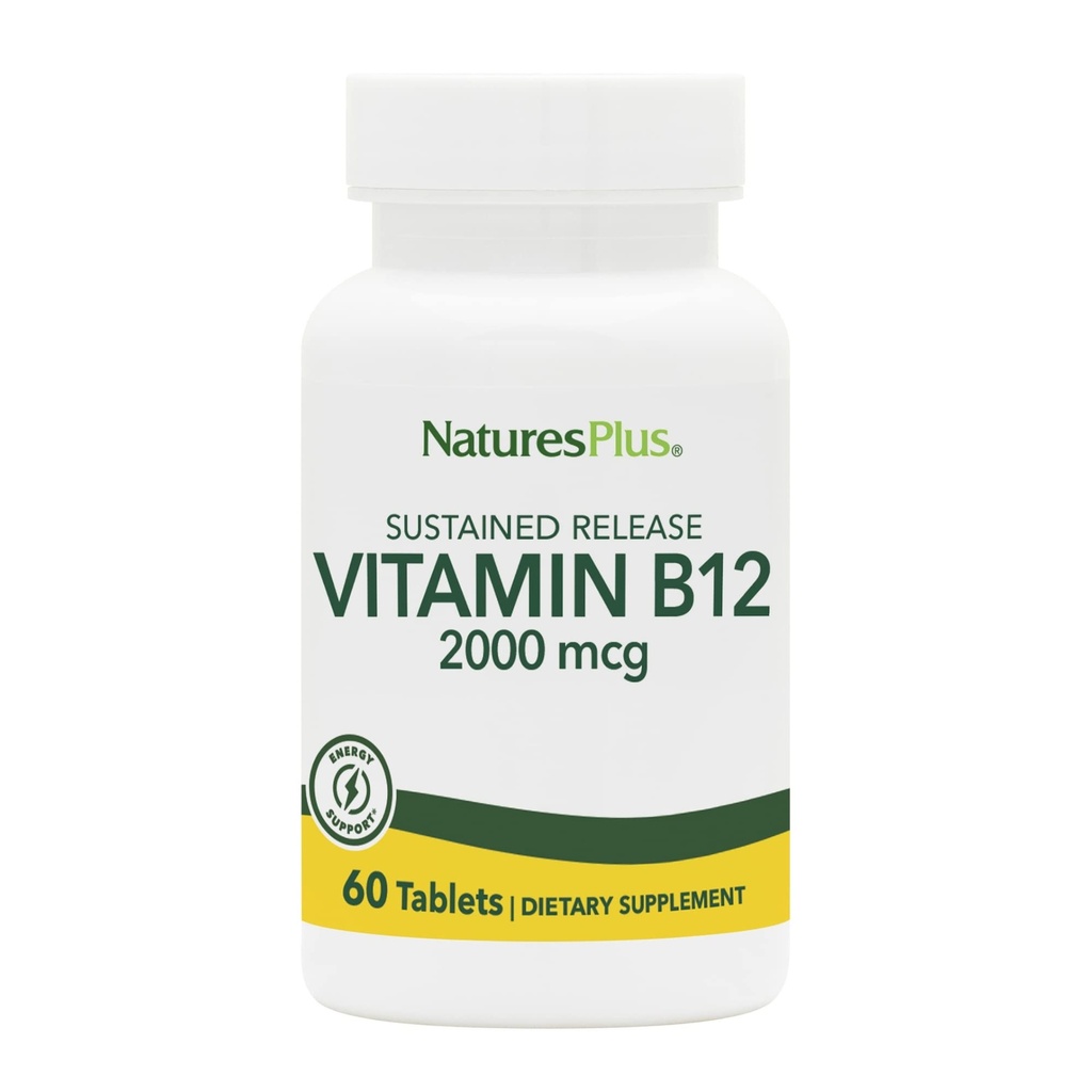 Natures Plus ויטמין B12 (Methylcobalamin), Sustained לשחרר - 2000 mcg, 60 טבליות Vegetarian - High Potency Red Blood Cell Support - Natural Energy Booster - Gluten-Free - 60 משרתים