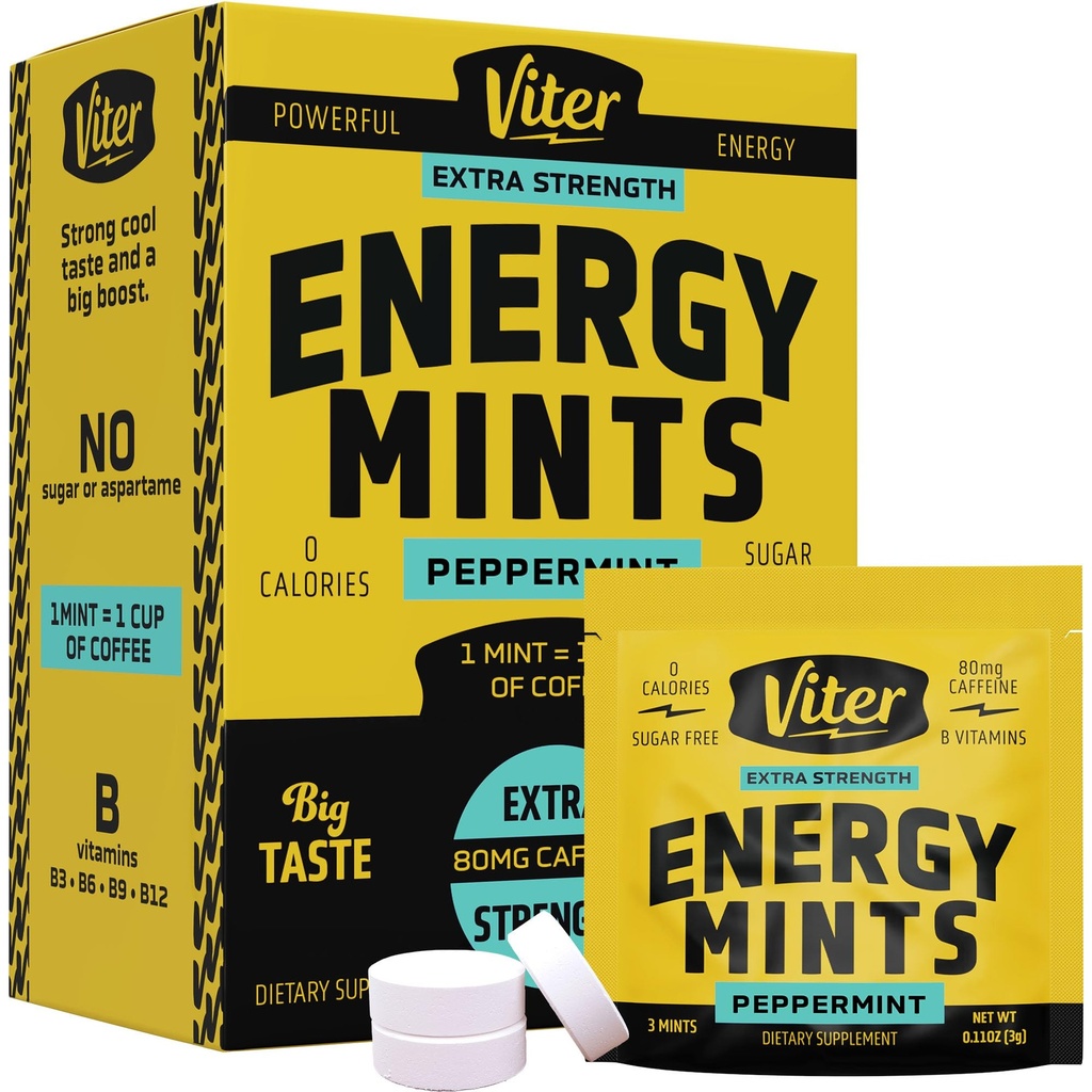 Viter Energy Caffeine Mints 80mg תוספת כוח - 90 Pieces Caffeinated עם ויטמין B. סוכר חופשי נשימה טבעונית Mint. Energyze nootropic Focus Booster עבור התראה מהירה (Peppermint Flavor, 30 Pack)