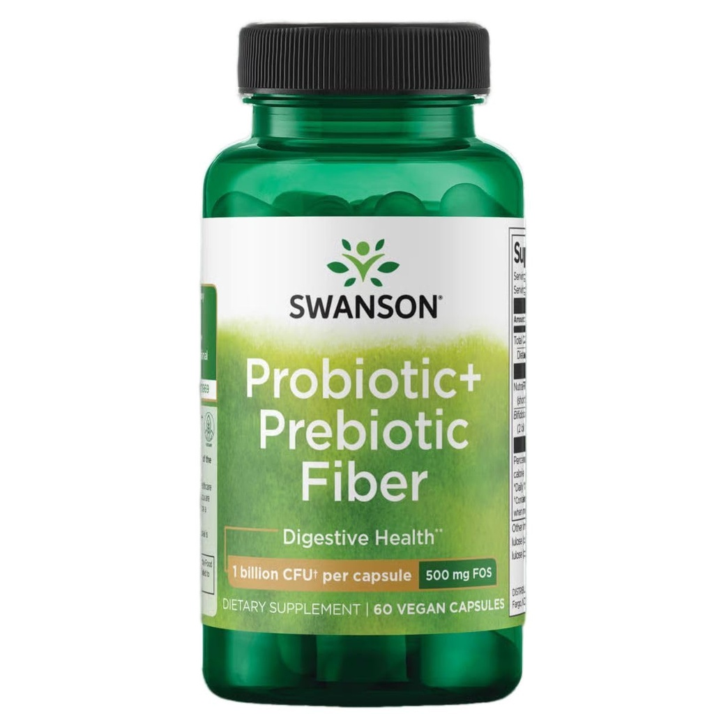 Swanson Prebiotic + Probiotic סיבים - תוספת טבעית לקידום מערכת העיכול ו- Immune Health Support - איידס סדירות & GI Tract Health - (60 קפסולות, 500 מיליון CFU כל)