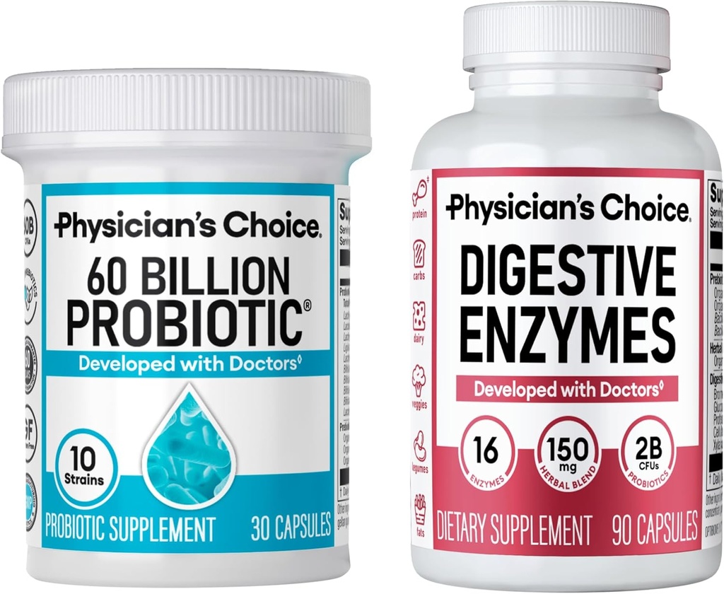 Physician's CHOICE - Optimal Gut Health Bundle: 60 מיליארד Probiotics + Digestive Enzyme 90ct for Digestive Comfort and Immune Support
