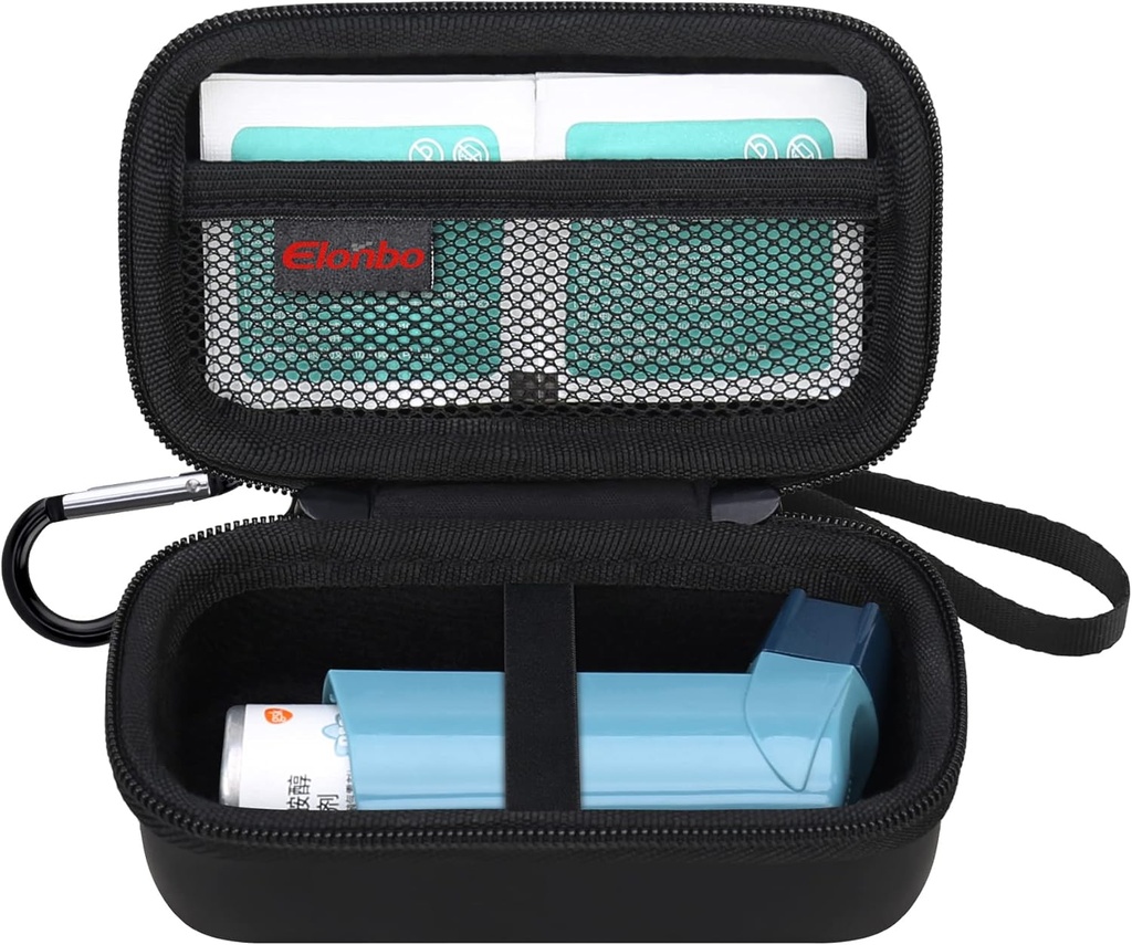 Elonbo Asthma Inhaler הנושא מקרה, ארגון נסיעות הולדר Bag עבור Ventolin Inhaler, אקסטרה פנים Mesh Pocket Fits Asthma Mediction, Black+Inside Black (CASE רק! Inhaler Medicine Notluded