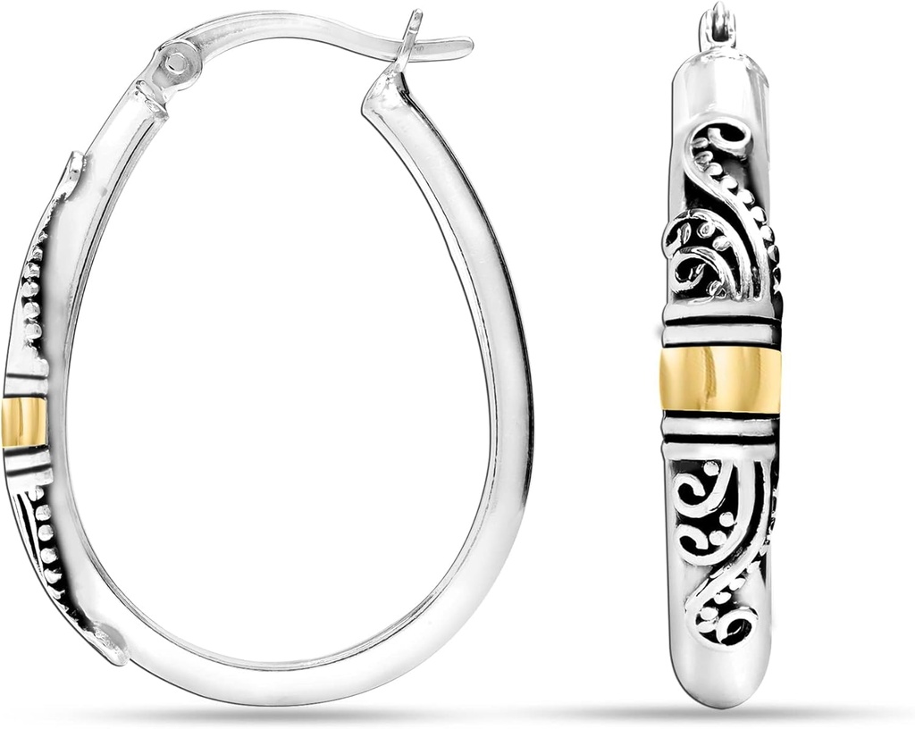LeCalla 925 סטרלינג סילבר באלי-Style Hoop אוזנייםrings Light Weight Click-Top Old Two-Tone Beaded Italian Bala Style Earring Hoops for Women