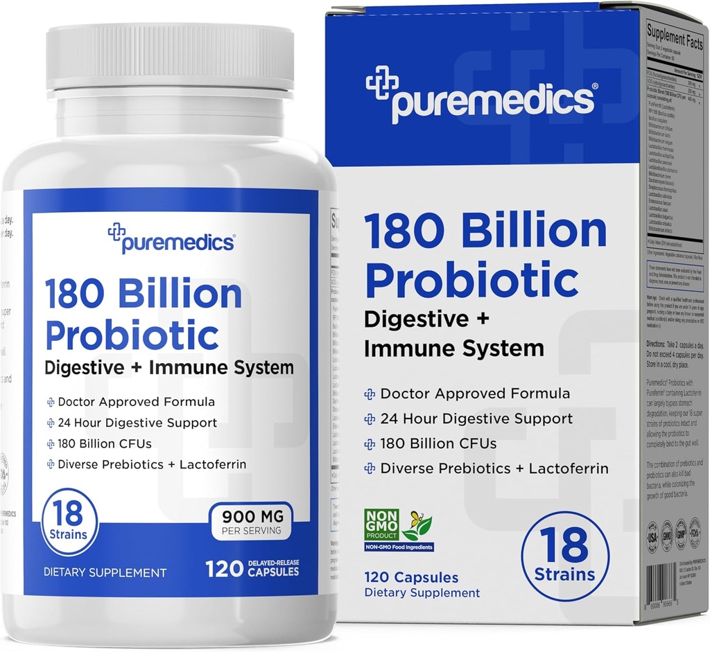 פורמולה Probiotics 180 מיליארד CFU - 18 סטרינס + Lactoferrin + Prebiotics - Immune, Digestive & Gut Health - Constipation, Diarrhea, Gas & Bloating - עבור נשים וגברים - 120ctctct