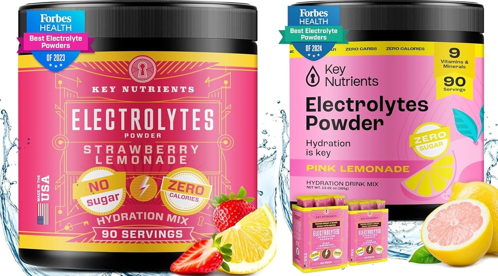 KEY NUTRIENTS Electrolytes & Multivitamin hydrotion אבקת Bundle - גוסי סטרוברי לימונדה & Fresh Pink Lemonade אלקטרוליטה אבקות (90 משרתות כל אחד) - ללא סוכר, Keto-Friendly, No Caloriesly, No Calorieslyte