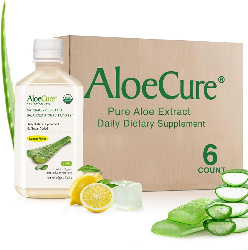 AloeCure USDA אורגני Aloe Vera Juice Flavor - Made תוך 12 שעות של קציר - תוספת טבעית עבור איזון Stomach Acidity - תמיכה עיכול ובריאות החיסון, 6 Btls x 16.7