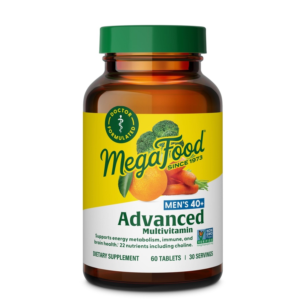 Mega Food's 40+ Advanced Multivitamin for Men - Dr-Formulated - כולסטרול, ויטמין B, ויטמין C, ויטמין D, Zinc & Real Food - Brain Health, Immune Support - Vegetarian - 60 Tabs (30 משרתים)
