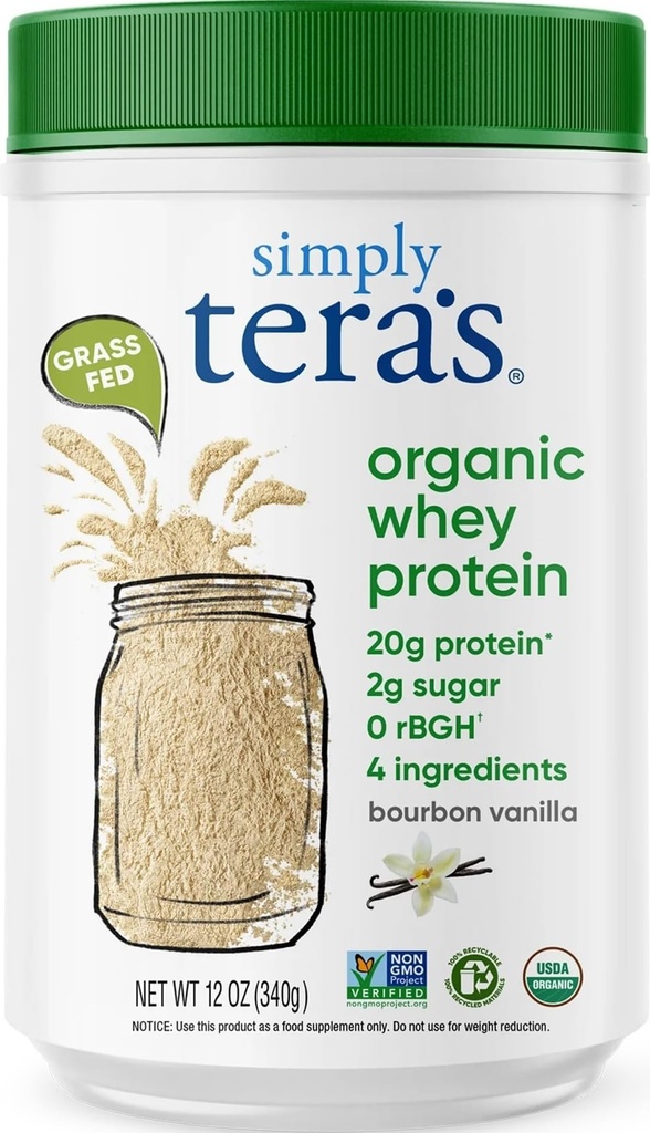 פשוט אבקת חלבון Whey אורגני של tera - Grass פד וניל Whey אבקת חלבון, נקי, מיוצר ללא ממתקים מלאכותיים, non-GMO, כשר, rBGH-Free, אורגני - 12 Oz.