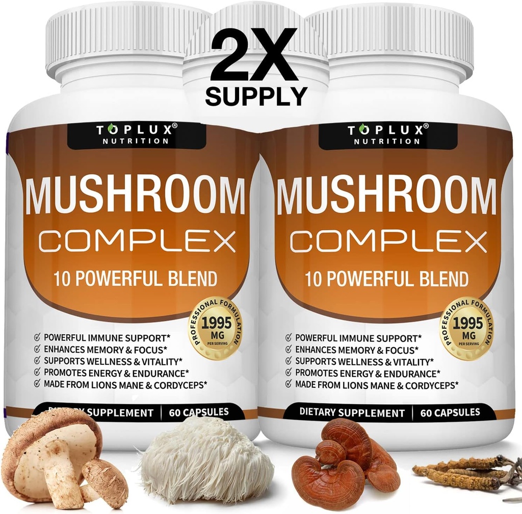Toplux Mushroom תוסף Lions Mane & Cordyceps Reishi Chaga 10 אורגני Mushroom כדי לתמוך במערכת החיסון, זיכרון, פוקוס וקלייריות ולהגדיל אנרגיה, עבור גברים, 60 קפסולות