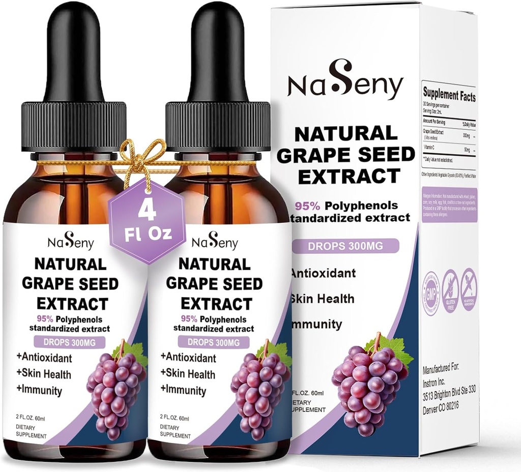 Grape Seed Extracts סטנדרטי ל-95% Polyphenols-300 מ"ג Grape Seed מקסימום כוח סטנדרטי Tincture, High Absorption נוזל Vitis Vinifera Extracts - Non-GMO (2 בקבוקים)