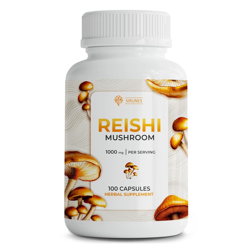 SIRUNES Reishi Mushroom קפסולות - 100-Count Reishi Mushroom for Stress and Immune Support - 1000mg High-Strength Fitogen Mushroom Superfood כמוסות - Non-GMO וטבע טבעי