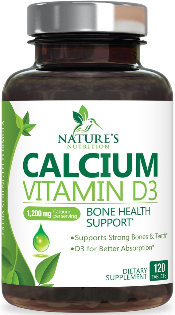 תוסף Calcium 1200 מ"ג - עם ויטמין D3 עבור Best Absorption - תמיכה בריאות החיסון, עצמות ושיניים - Calcium Carbonate + 1600 IU של D3 - בבקבוק בארה"ב עבור נשים וגברים - 120 טבליות