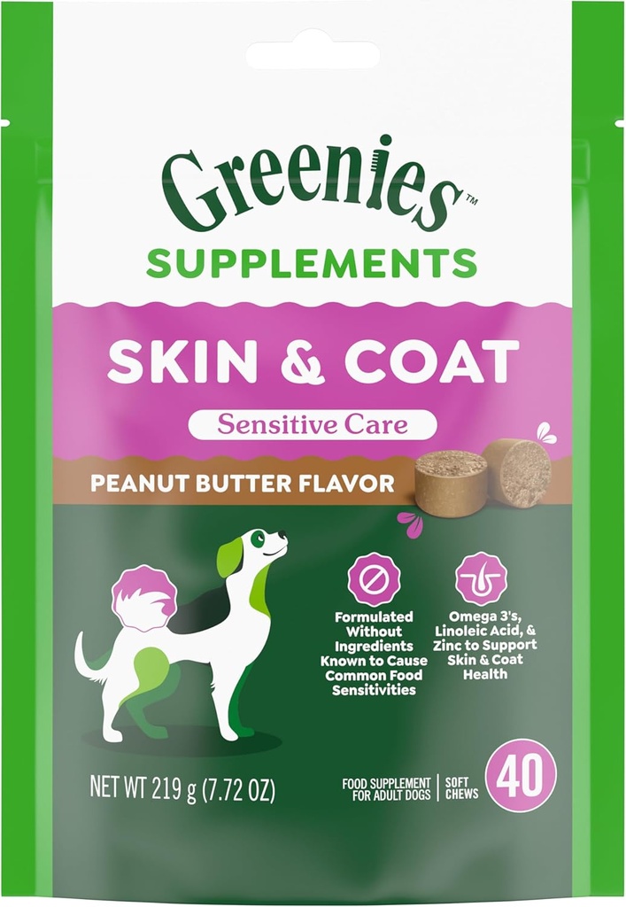Greenies Sensitive Care Skin ו-Abbet תוסף לכלבים עם שמן דגים עבור כלב פורמולה חינם לכלבים, Peanut Butter Flavor, 40-Count Soft Chews