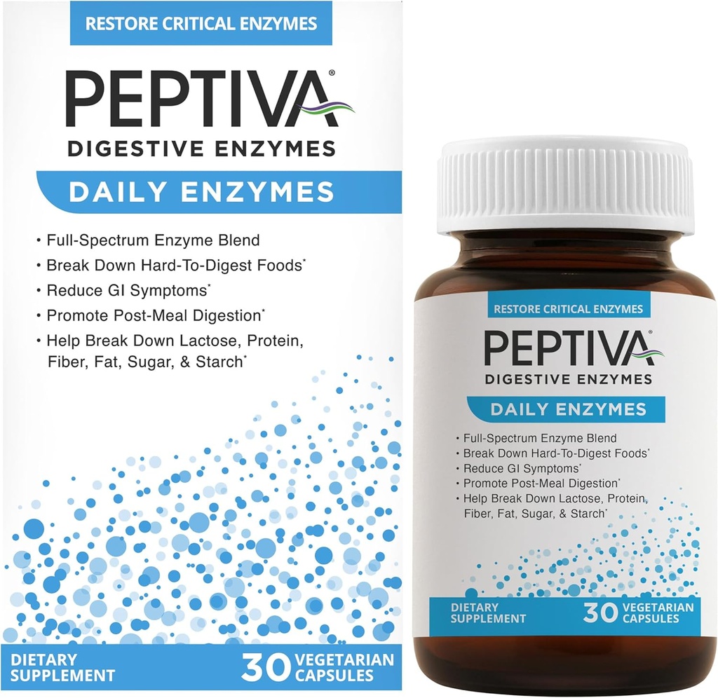 Peptiva Daily Digestive Enzymes, Full-Spectrum, Daily Digestive Health, תומך ב-Break-Down of Foods & Post-Meal Digestion, 30ct